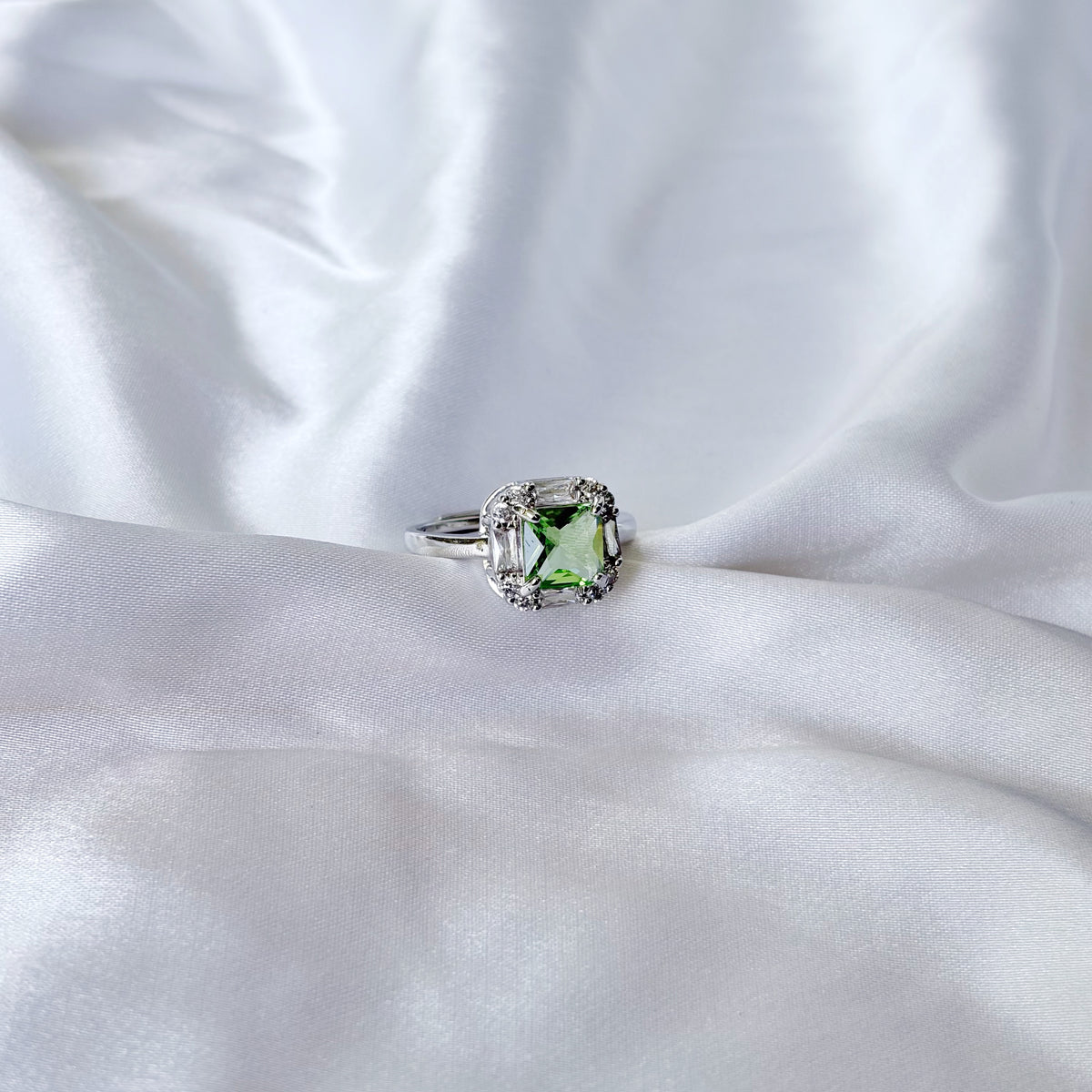 Olive Green Cubic Zirconia Ice Cut American Diamond Silver Plated Adjustable Ring