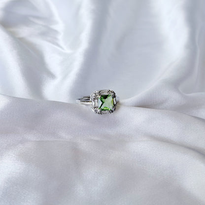 Olive Green Cubic Zirconia Ice Cut American Diamond Silver Plated Adjustable Ring