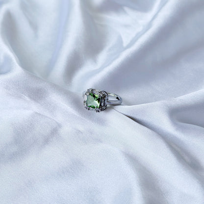 Olive Green Cubic Zirconia Ice Cut American Diamond Silver Plated Adjustable Ring