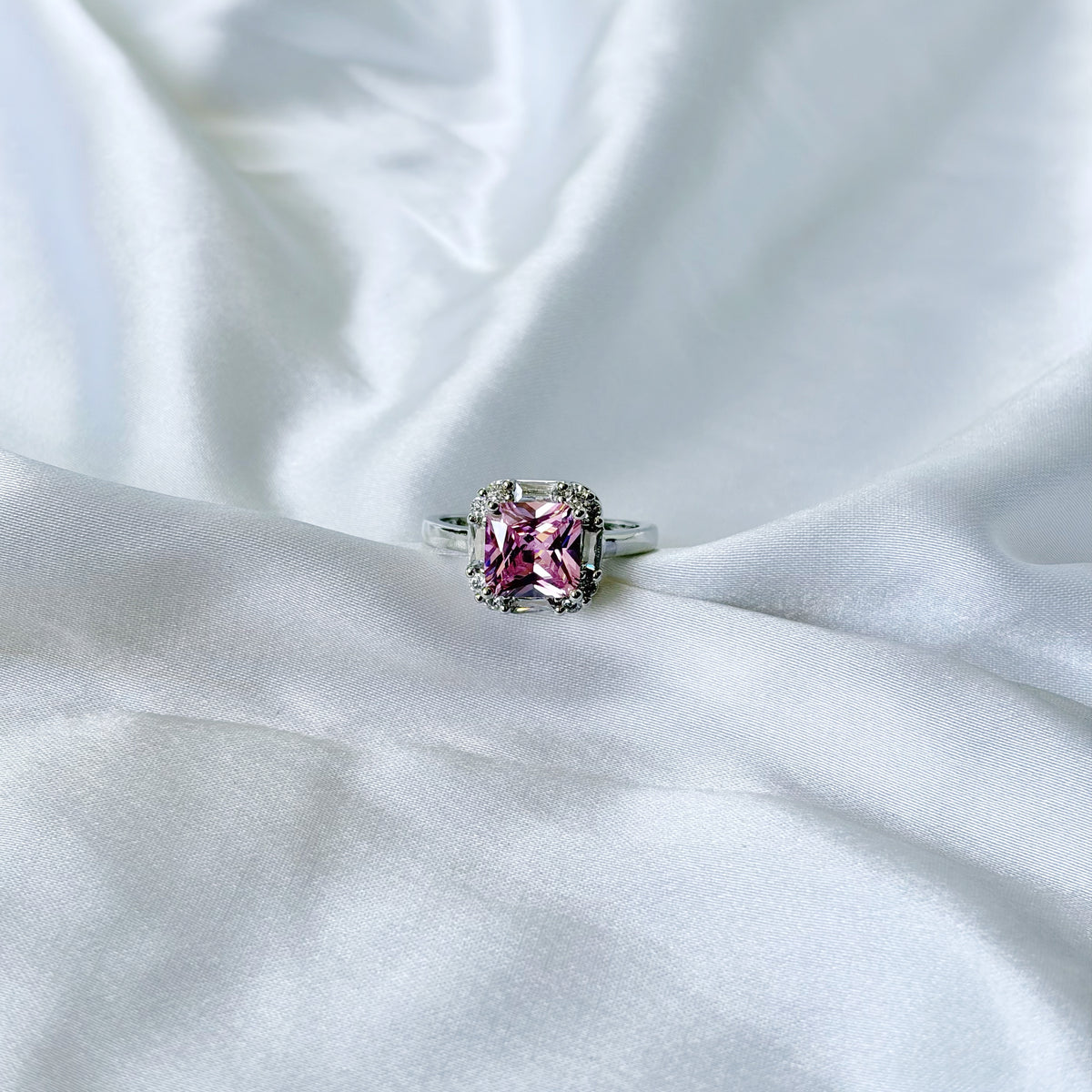 Pink Topaz Cubic Zirconia Ice Cut American Diamond Silver Plated Adjustable Ring