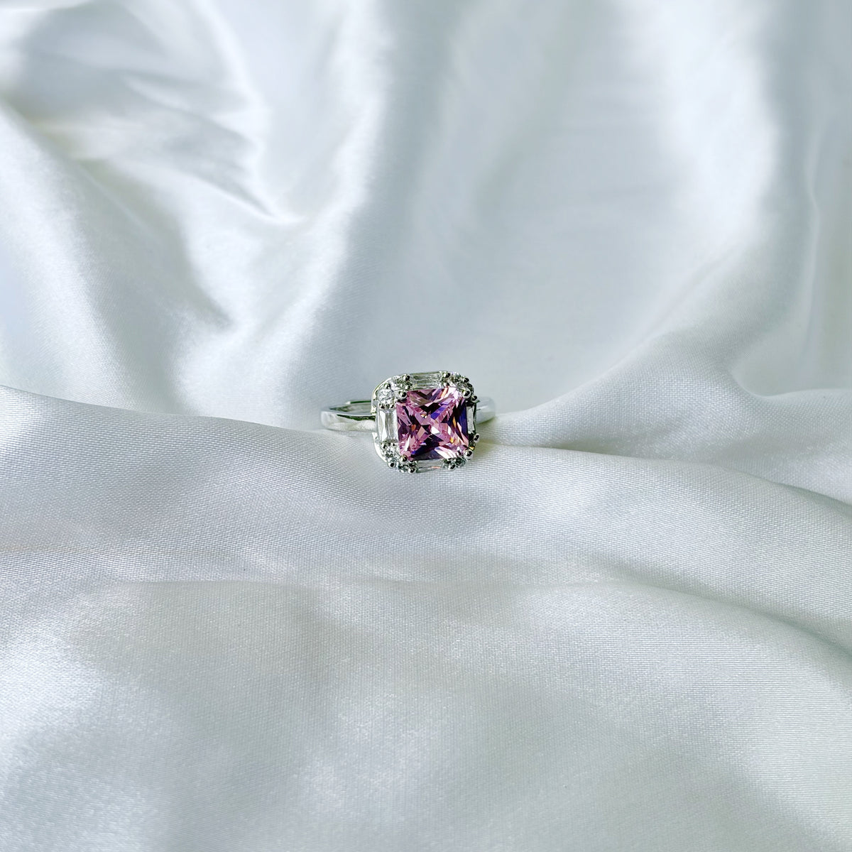 Pink Topaz Cubic Zirconia Ice Cut American Diamond Silver Plated Adjustable Ring