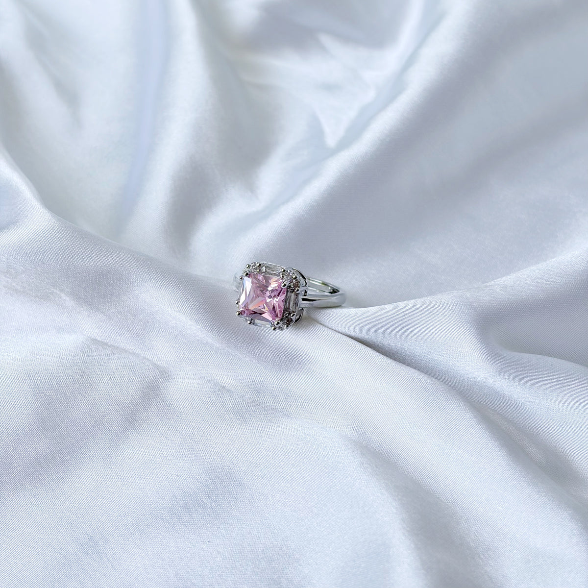 Pink Topaz Cubic Zirconia Ice Cut American Diamond Silver Plated Adjustable Ring