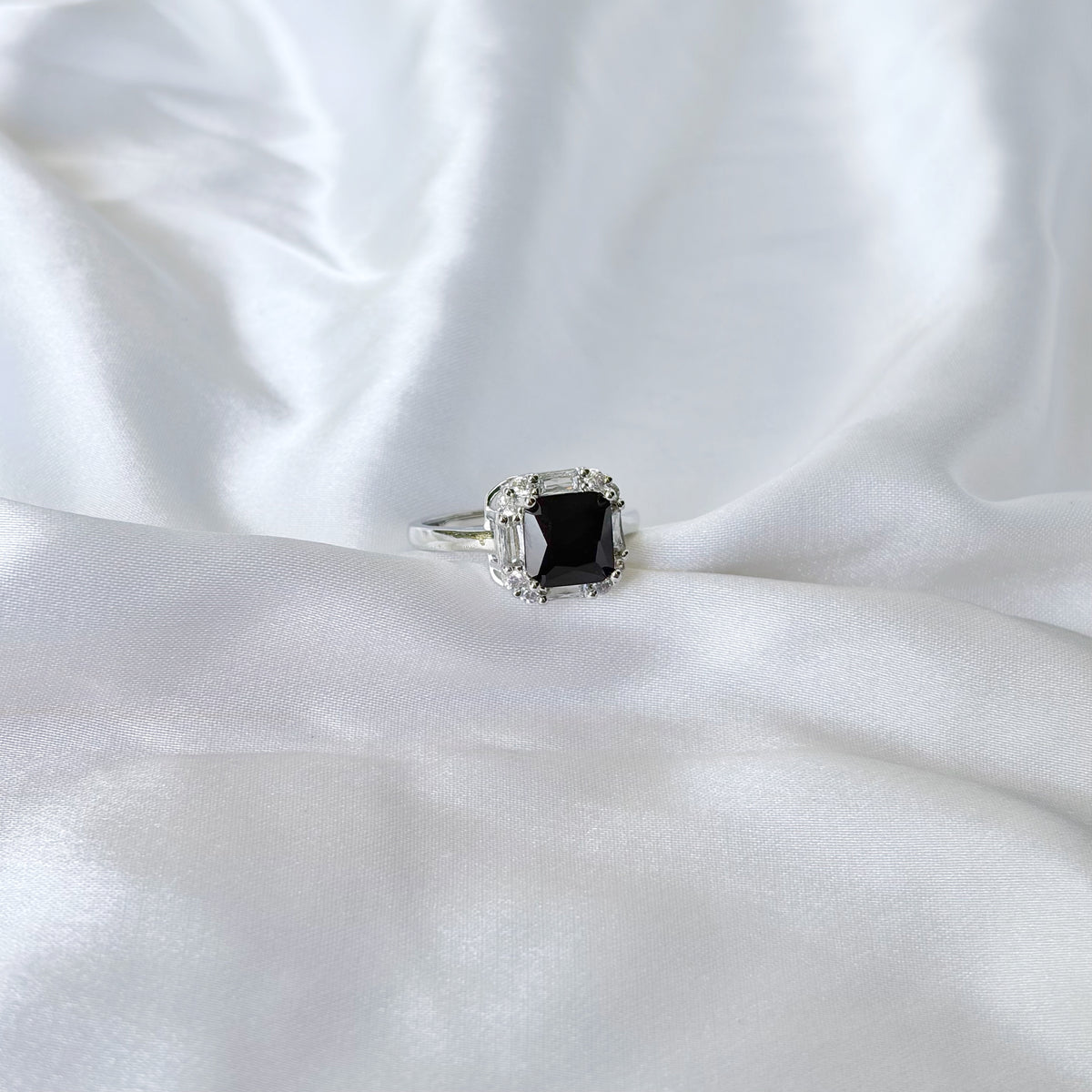 Black Zirconia Ice Cut American Diamond Silver Plated Adjustable Ring