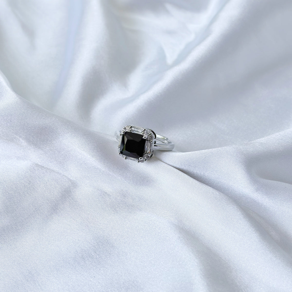 Black Zirconia Ice Cut American Diamond Silver Plated Adjustable Ring
