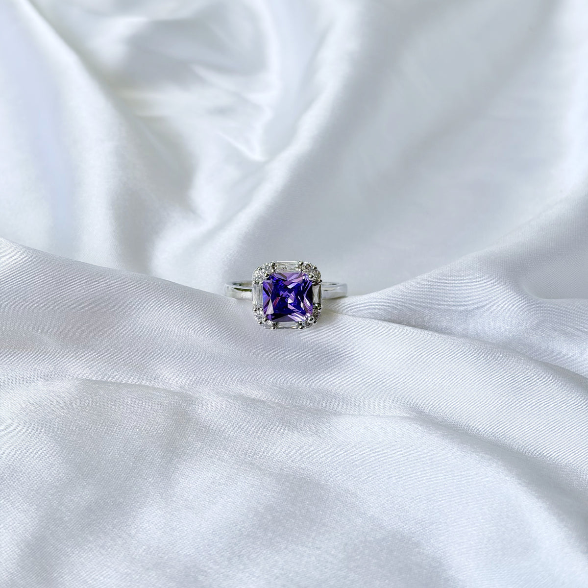 Purple Amethyst Cubic Zirconia Ice Cut American Diamond Silver Plated Adjustable Ring