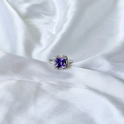 Purple Amethyst Cubic Zirconia Ice Cut American Diamond Silver Plated Adjustable Ring