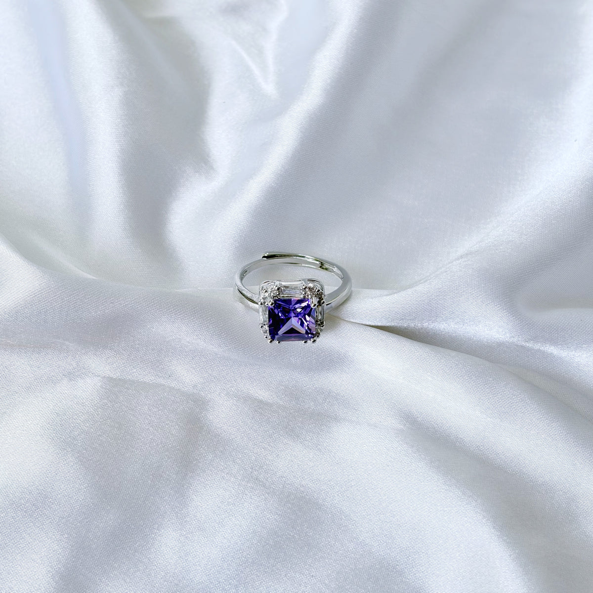 Purple Amethyst Cubic Zirconia Ice Cut American Diamond Silver Plated Adjustable Ring