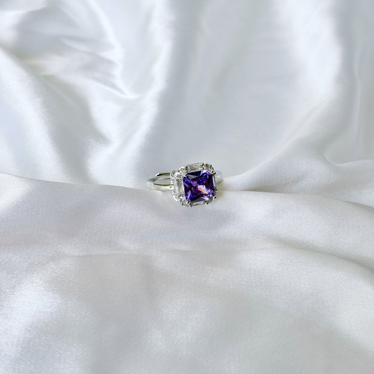Purple Amethyst Cubic Zirconia Ice Cut American Diamond Silver Plated Adjustable Ring