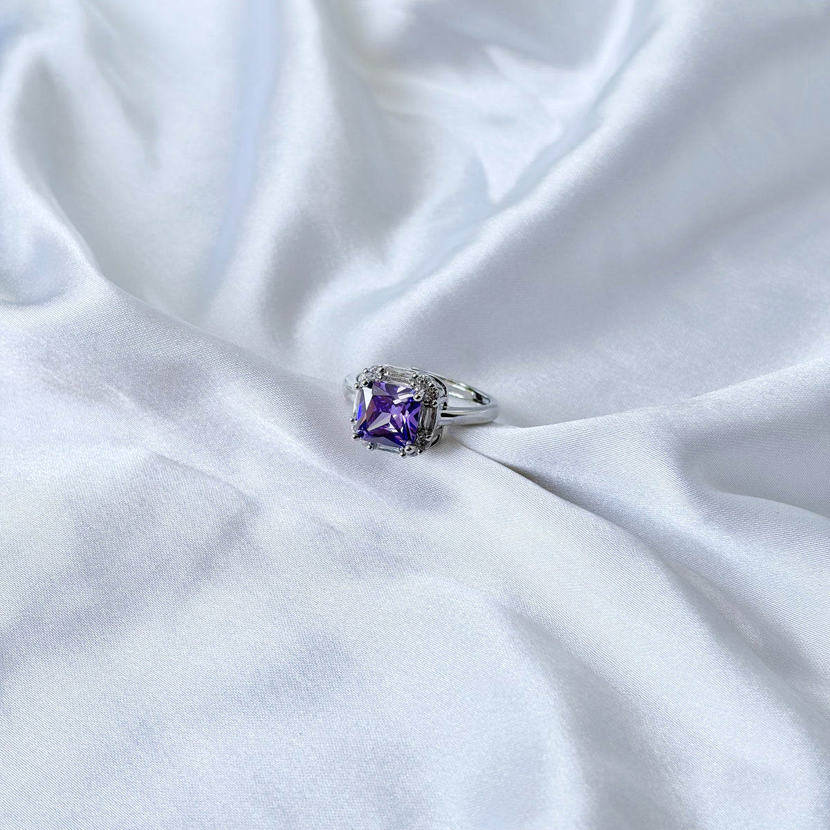 Purple Amethyst Cubic Zirconia Ice Cut American Diamond Silver Plated Adjustable Ring