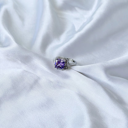 Purple Amethyst Cubic Zirconia Ice Cut American Diamond Silver Plated Adjustable Ring