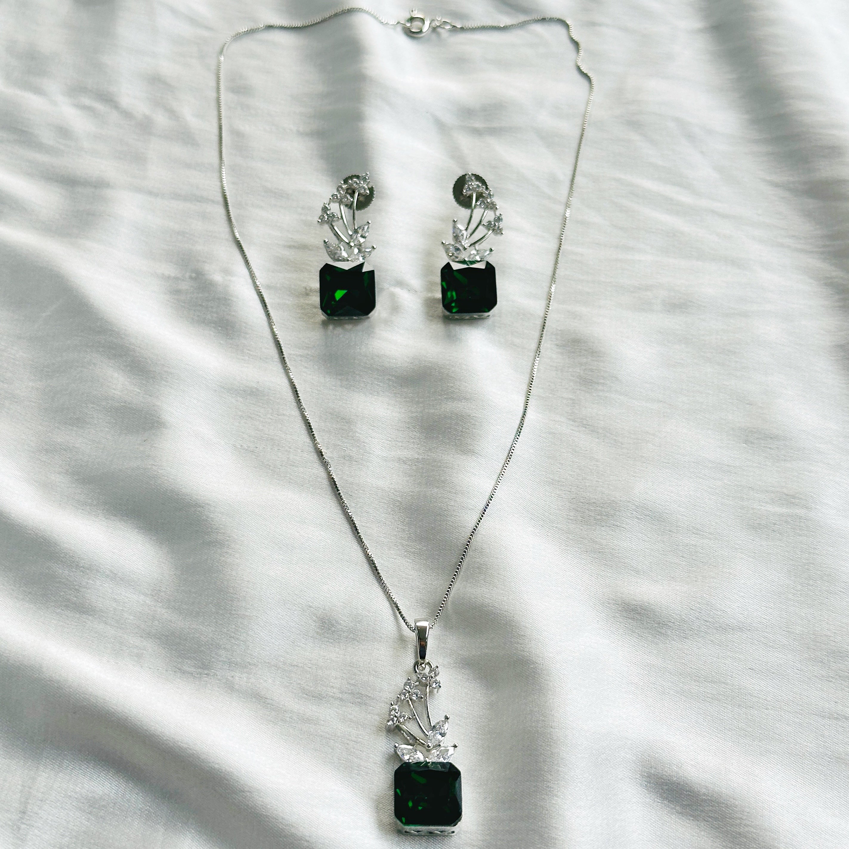 Green Emerald Swarovski Crystal American Diamond Silver Plated Pendant Set