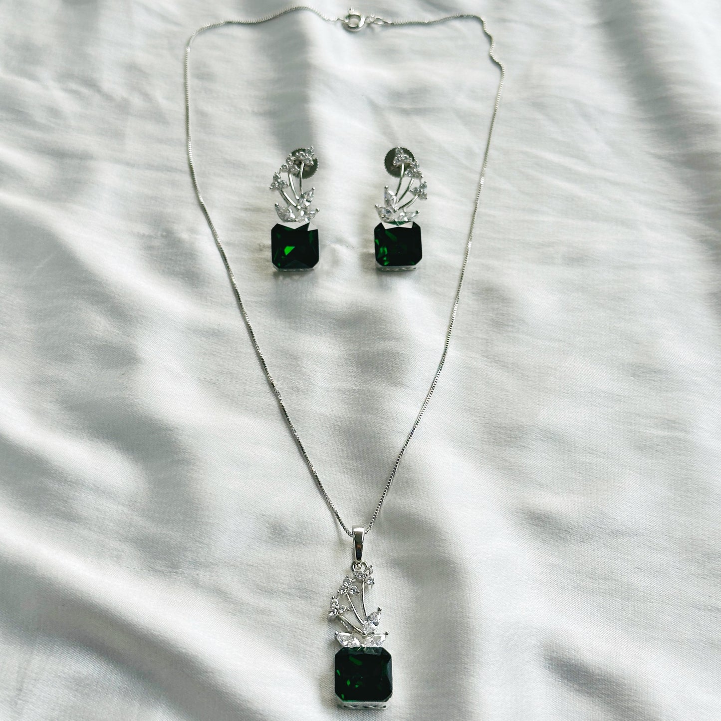 Green Emerald Swarovski Crystal American Diamond Silver Plated Pendant Set