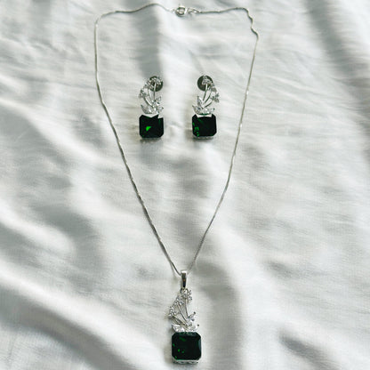 Green Emerald Swarovski Crystal American Diamond Silver Plated Pendant Set