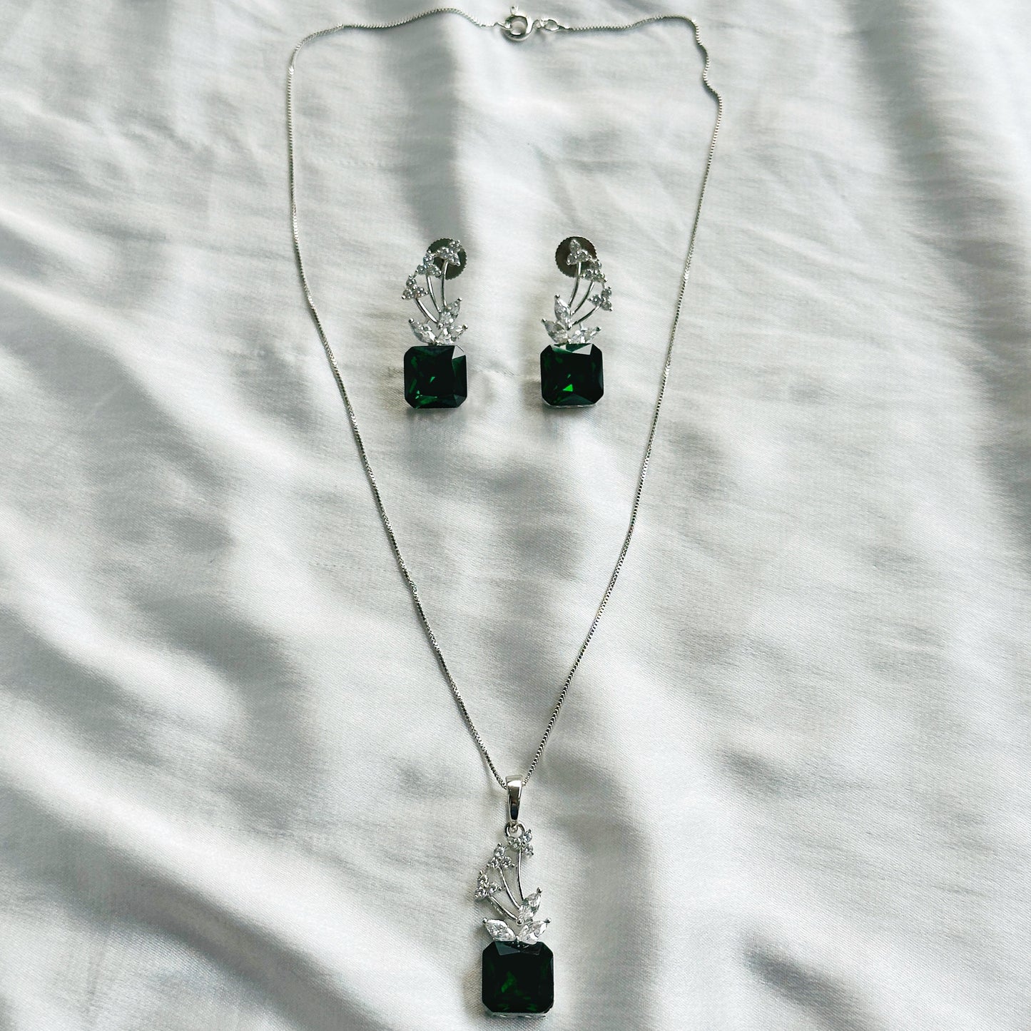 Green Emerald Swarovski Crystal American Diamond Silver Plated Pendant Set