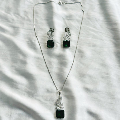 Green Emerald Swarovski Crystal American Diamond Silver Plated Pendant Set