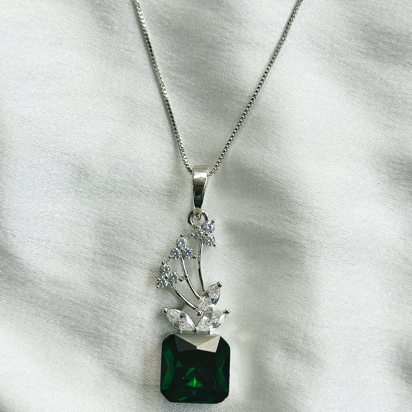 Green Emerald Swarovski Crystal American Diamond Silver Plated Pendant Set