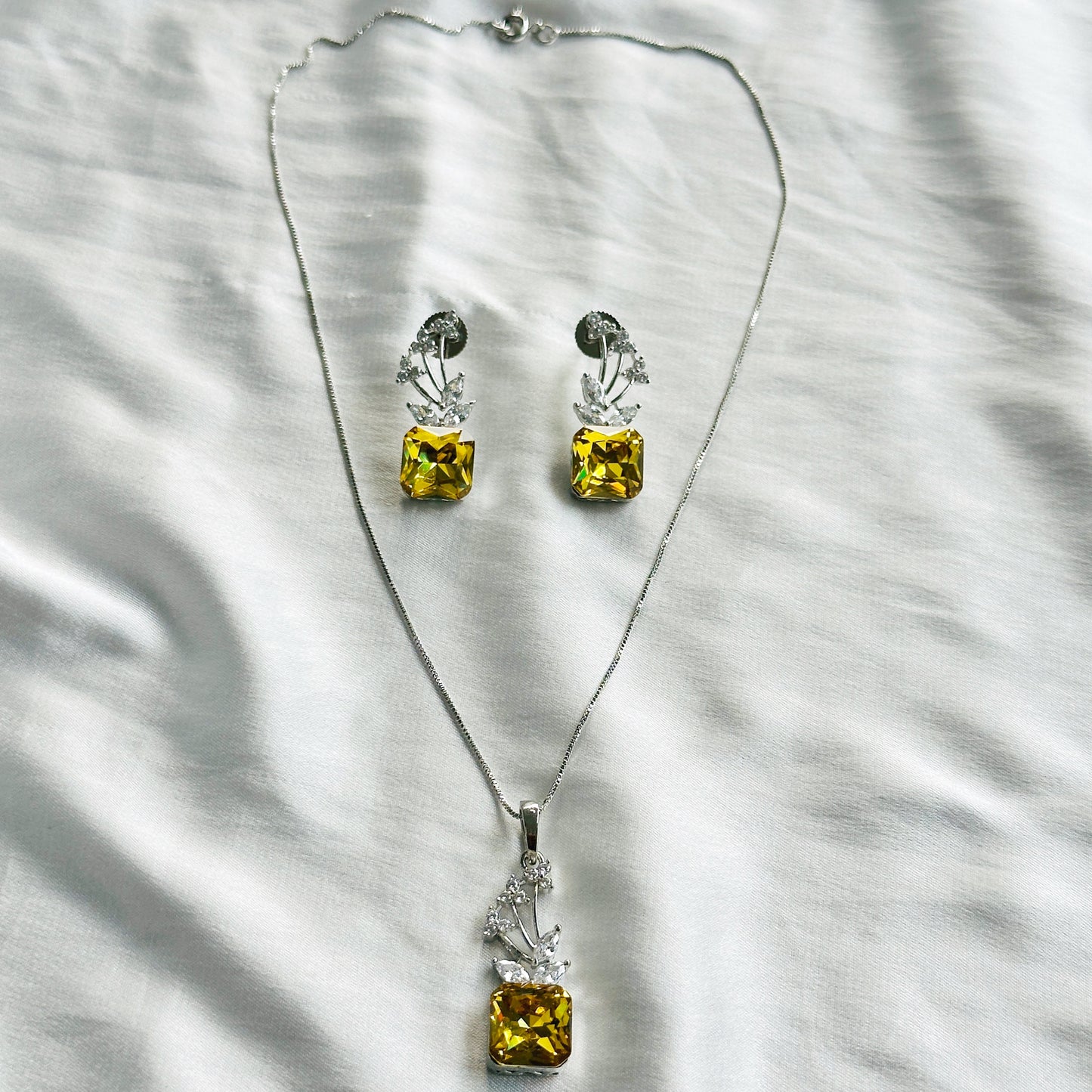 Light Yellow Topaz Swarovski Crystal American Diamond Silver Plated Pendant Set