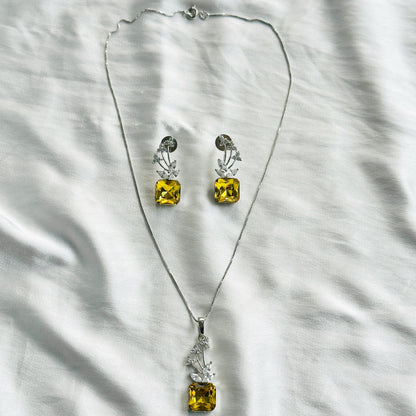 Light Yellow Topaz Swarovski Crystal American Diamond Silver Plated Pendant Set