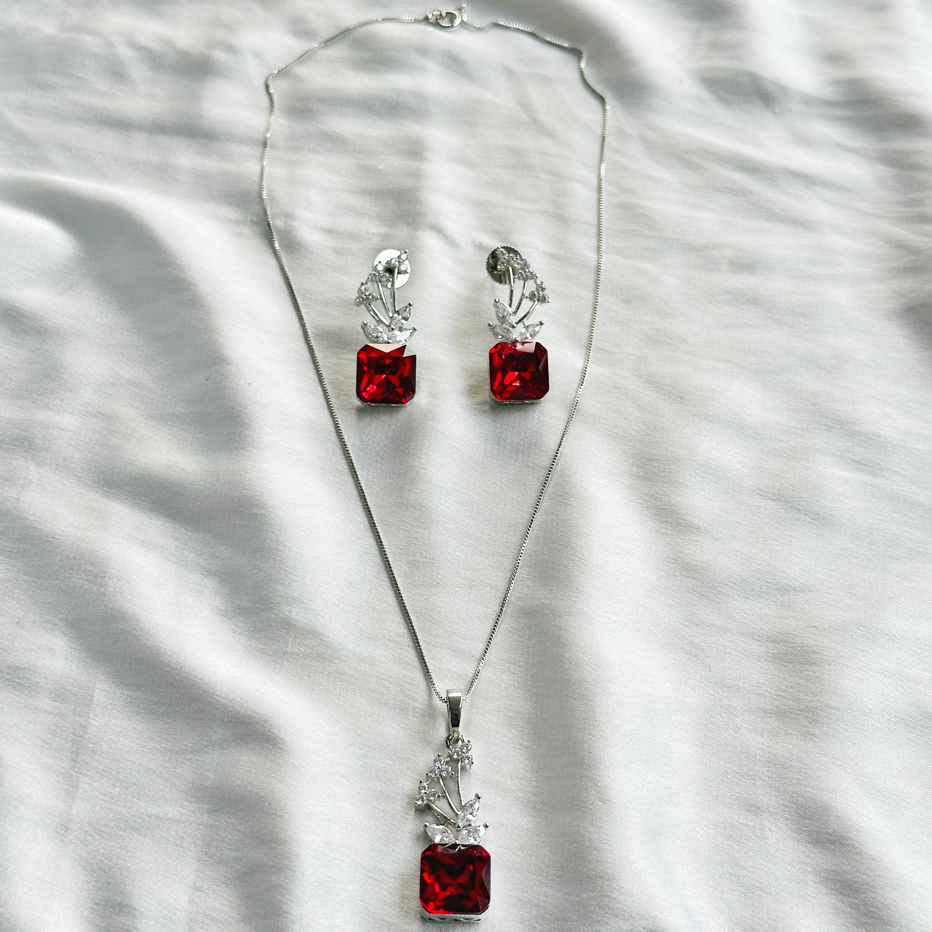 Red Siam Swarovski Crystal American Diamond Silver Plated Pendant Set