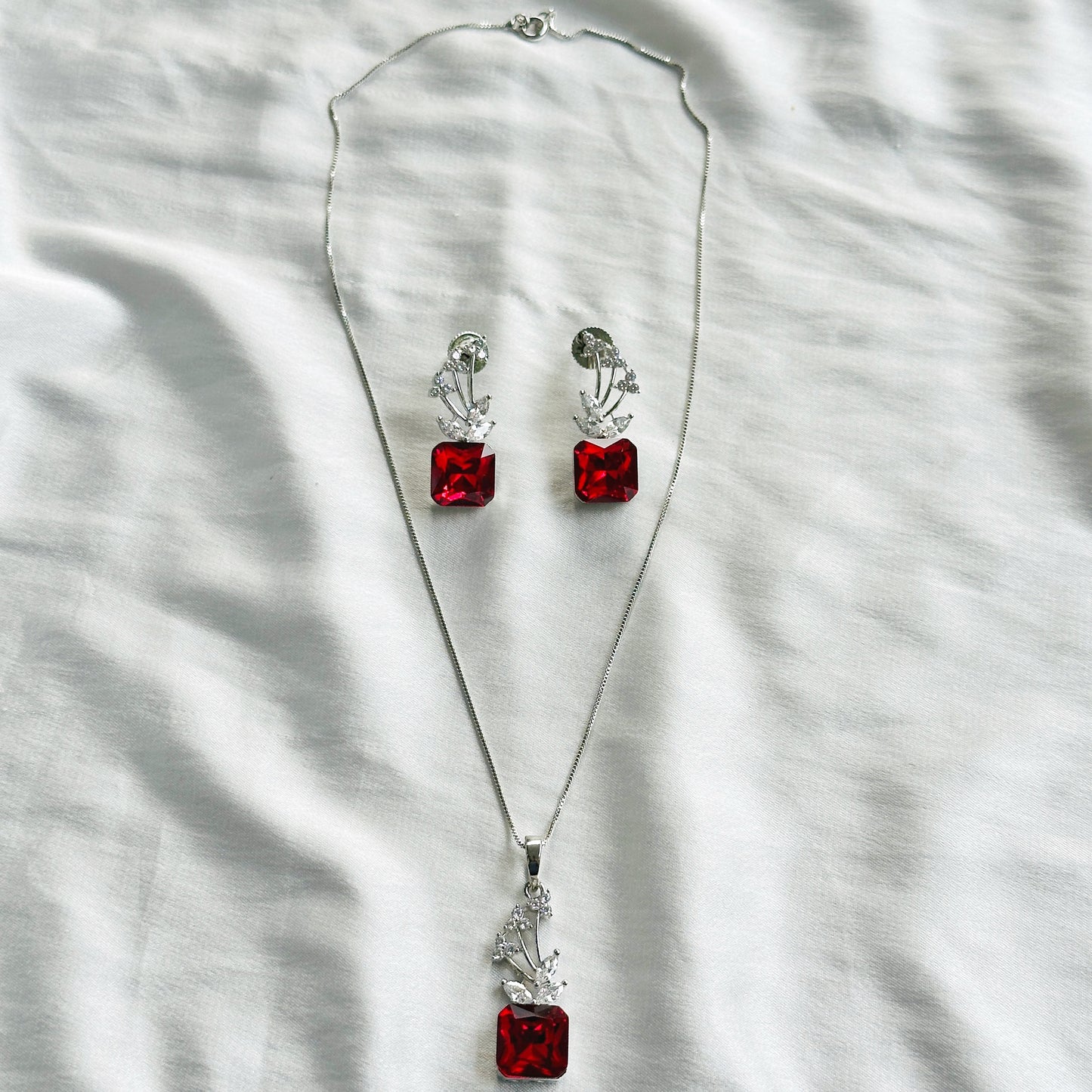 Red Siam Swarovski Crystal American Diamond Silver Plated Pendant Set
