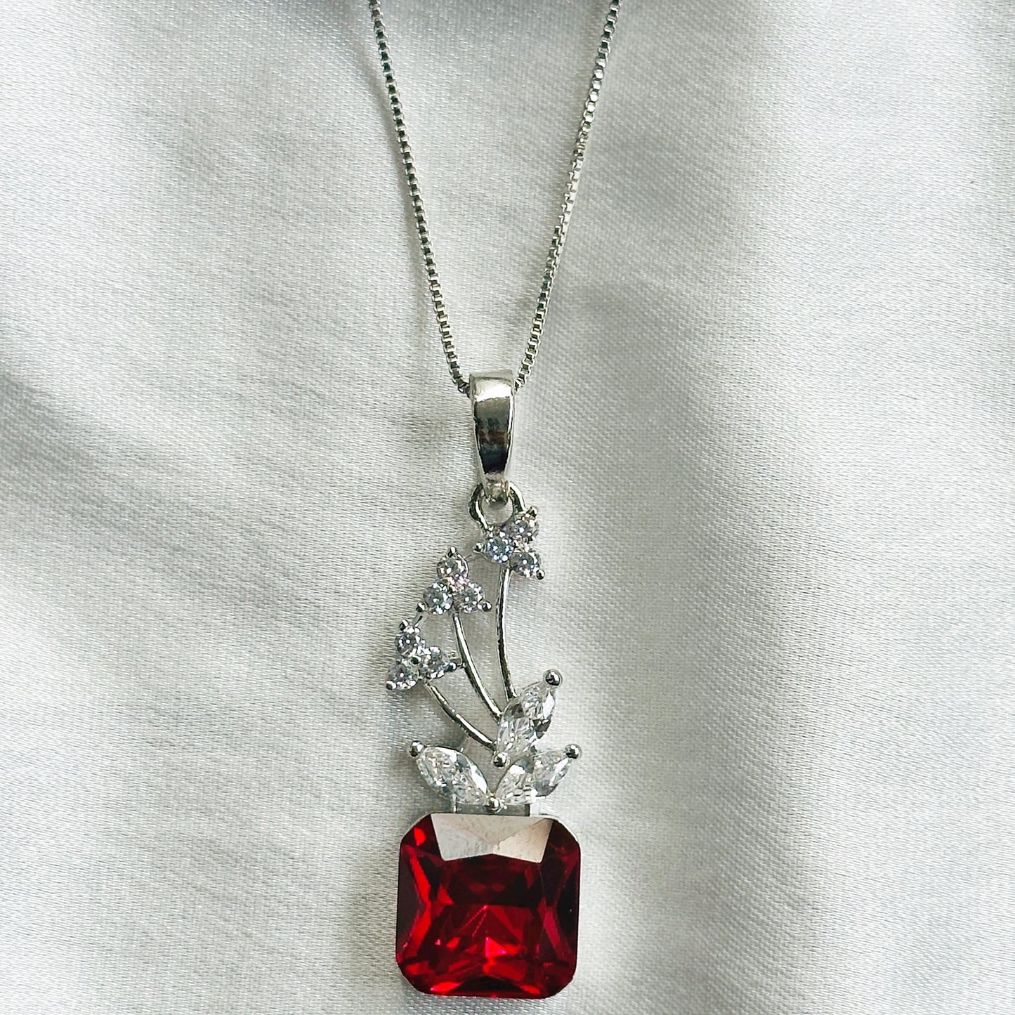 Red Siam Swarovski Crystal American Diamond Silver Plated Pendant Set