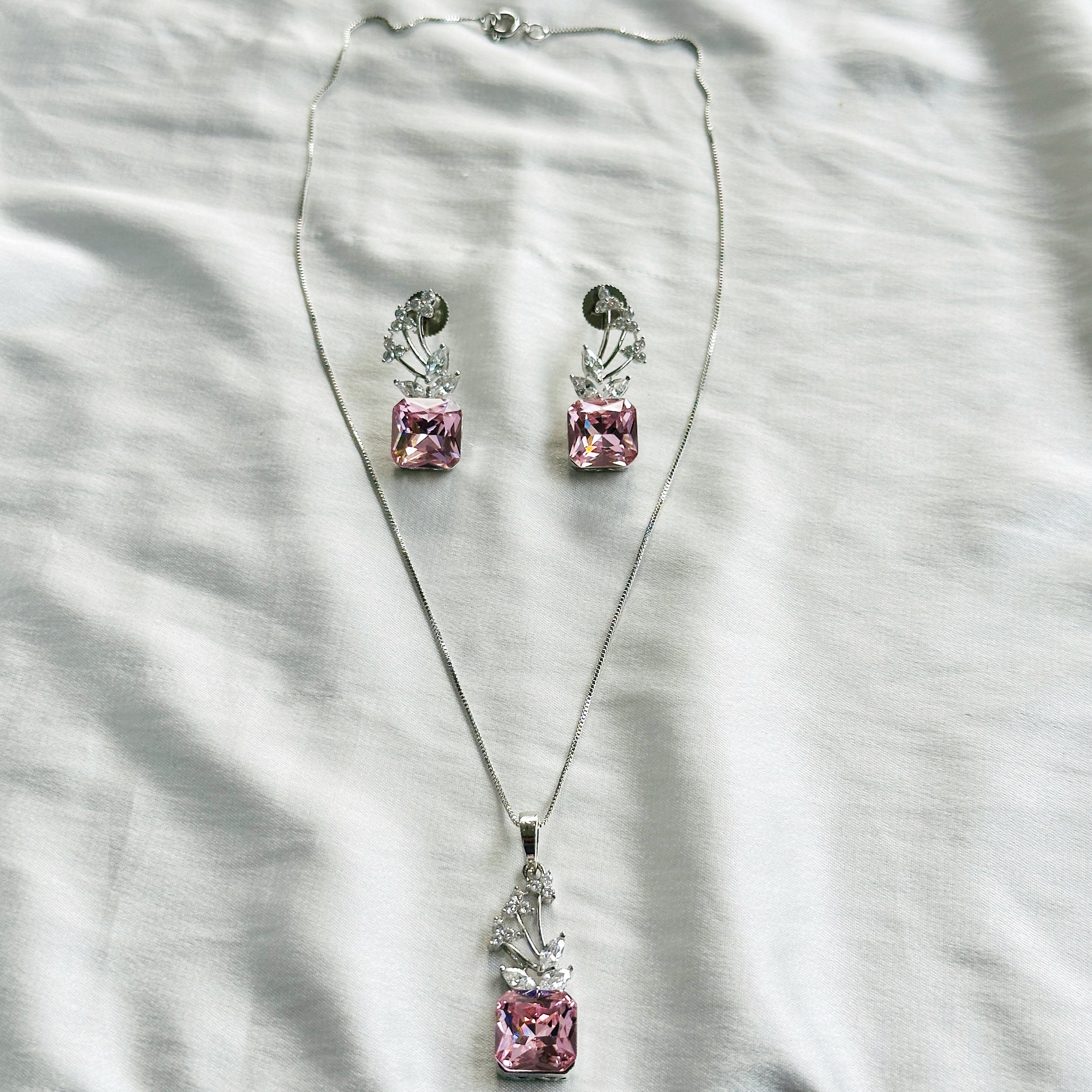 Light Pink Rose Swarovski Crystal American Diamond Silver Plated Pendant Set