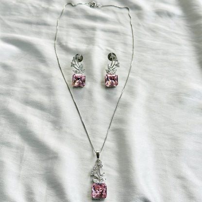 Light Pink Rose Swarovski Crystal American Diamond Silver Plated Pendant Set