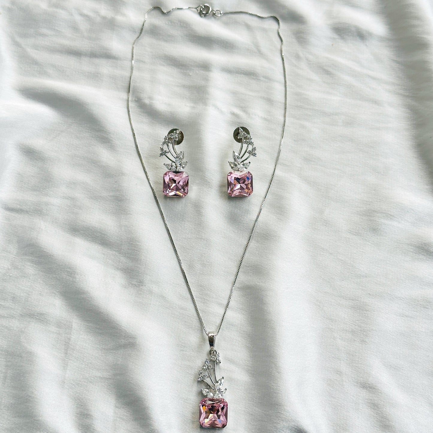 Light Pink Rose Swarovski Crystal American Diamond Silver Plated Pendant Set