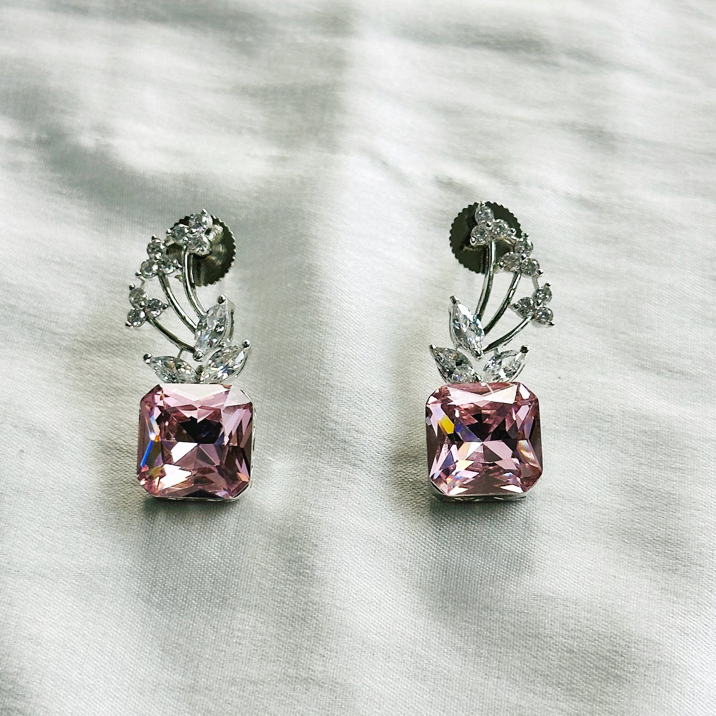 Light Pink Rose Swarovski Crystal American Diamond Silver Plated Pendant Set