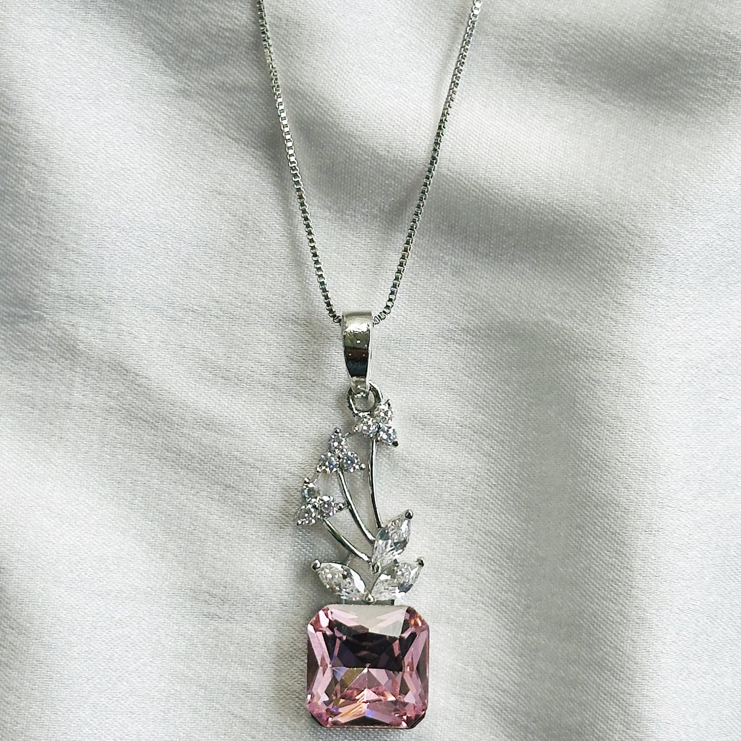 Light Pink Rose Swarovski Crystal American Diamond Silver Plated Pendant Set