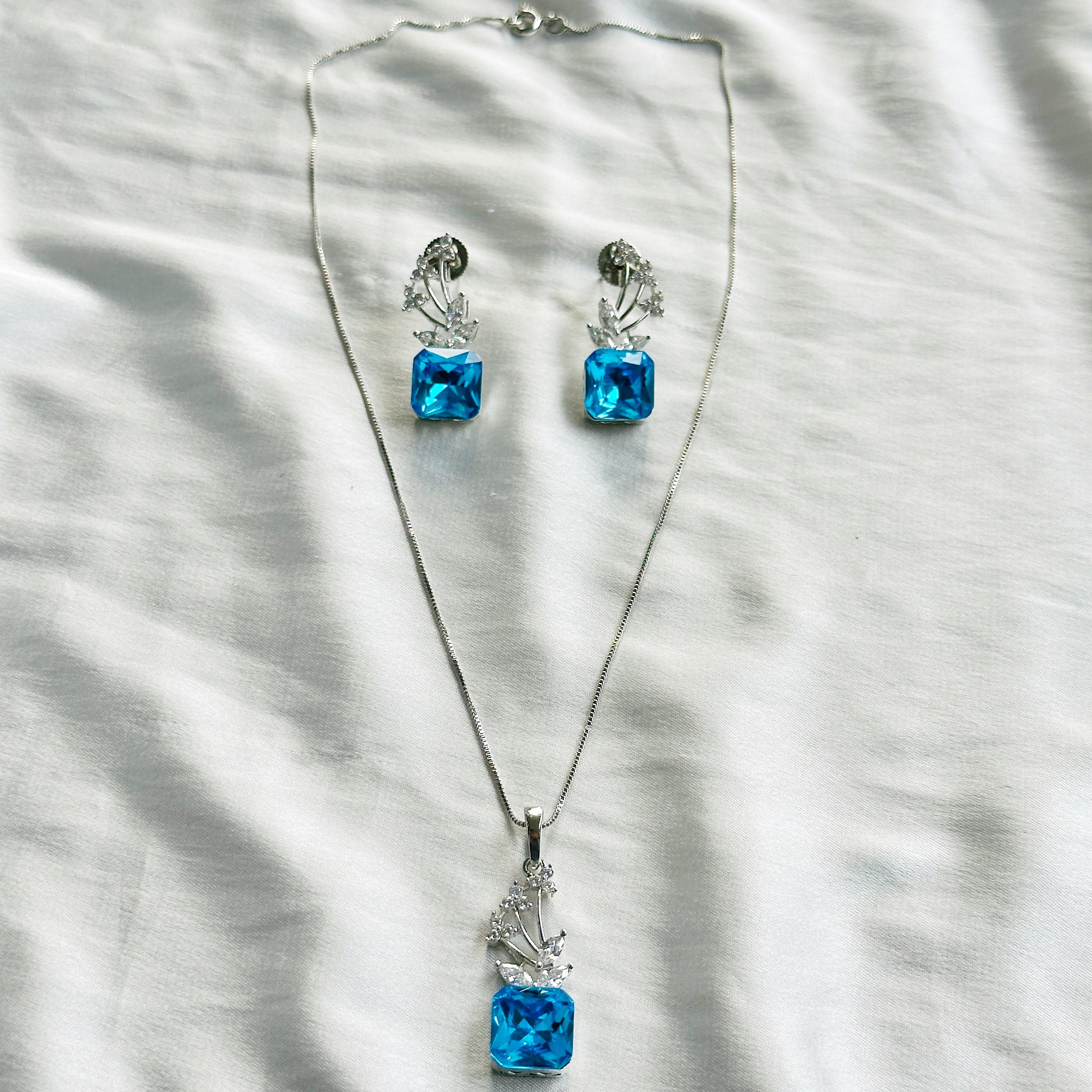 Blue Indicolite Swarovski Crystal American Diamond Silver Plated Pendant Set