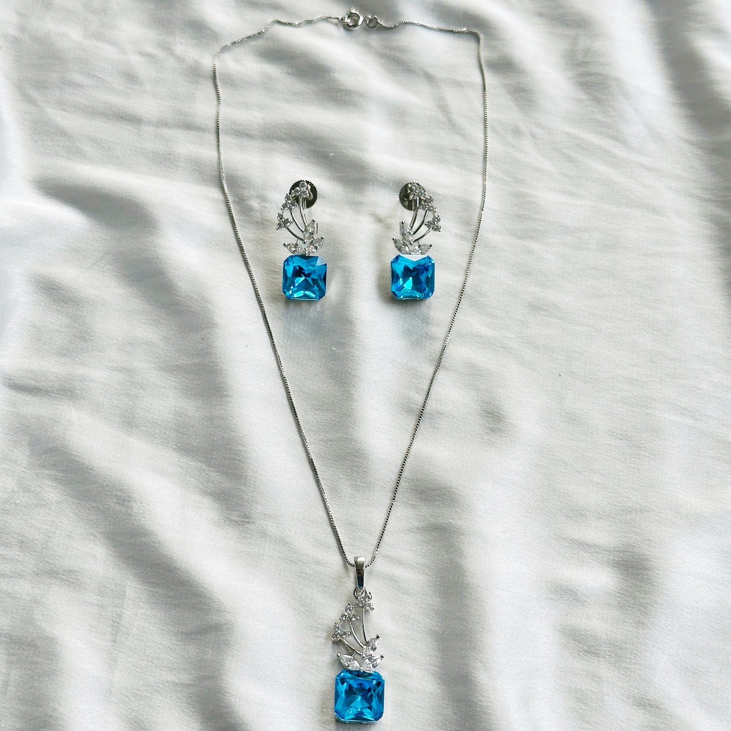 Blue Indicolite Swarovski Crystal American Diamond Silver Plated Pendant Set