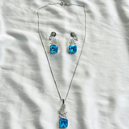 Blue Indicolite Swarovski Crystal American Diamond Silver Plated Pendant Set