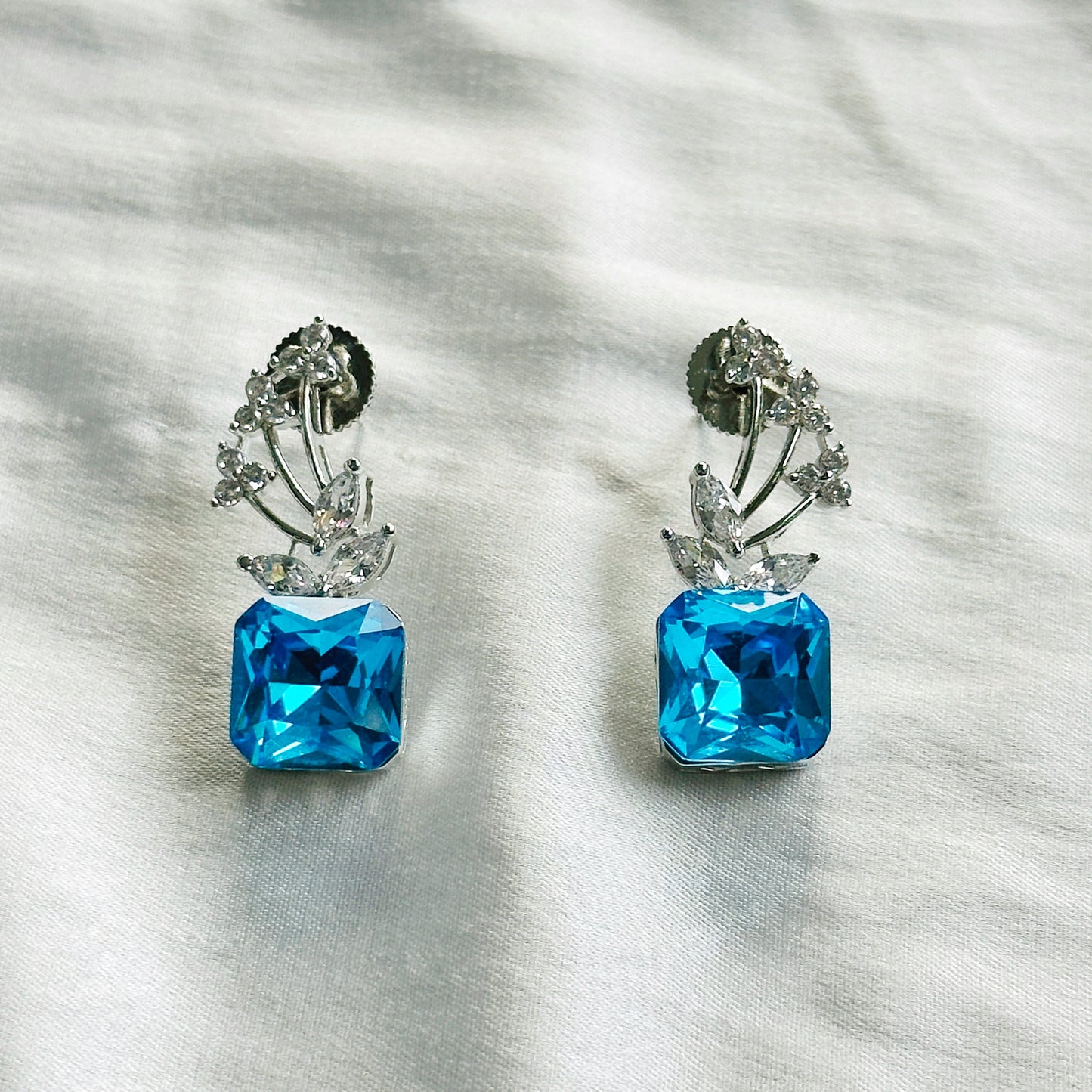 Blue Indicolite Swarovski Crystal American Diamond Silver Plated Pendant Set
