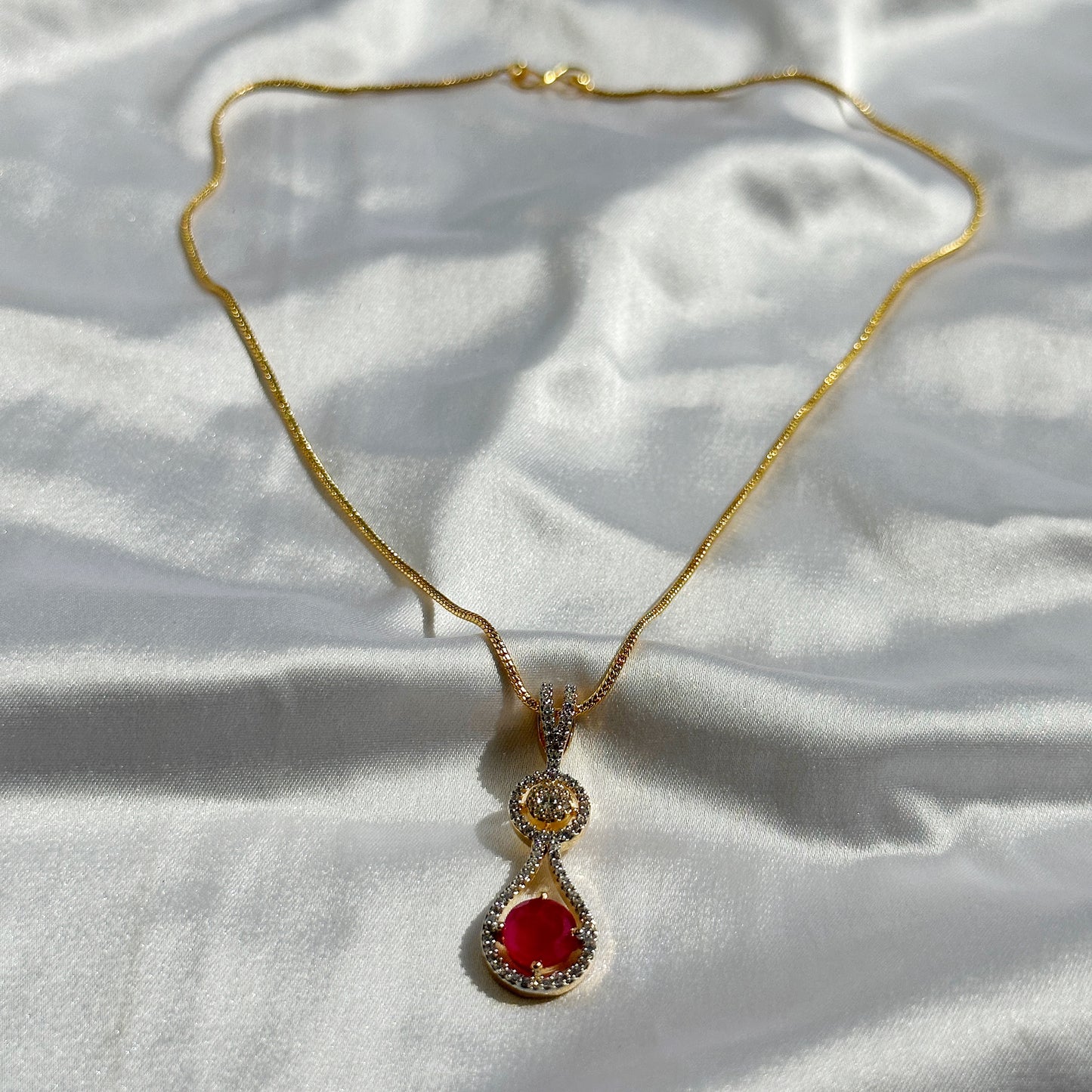 Red Ruby Cubic Zircon American Diamond Gold Plated Pendant Set