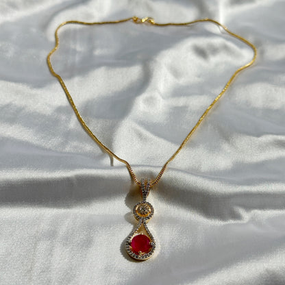 Red Ruby Cubic Zircon American Diamond Gold Plated Pendant Set