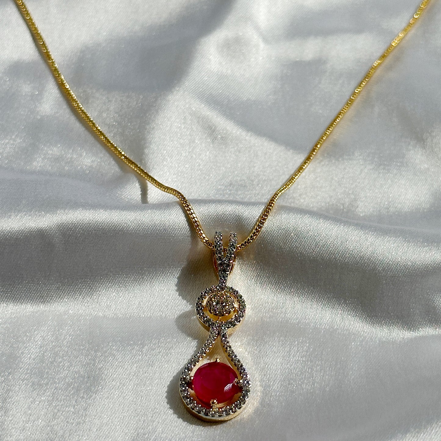 Red Ruby Cubic Zircon American Diamond Gold Plated Pendant Set