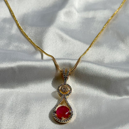Red Ruby Cubic Zircon American Diamond Gold Plated Pendant Set