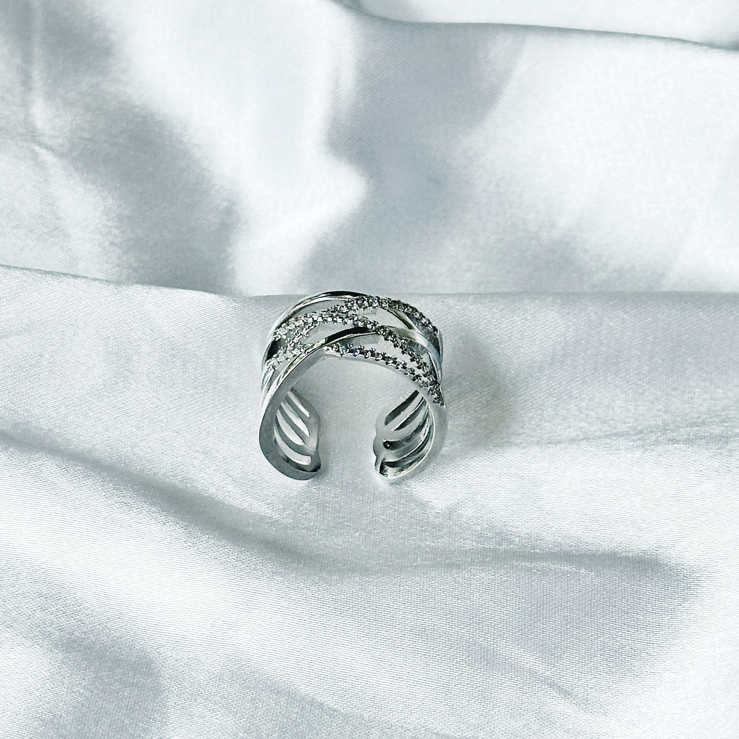 American Diamond Silver Studded Plated Adjustable Ring