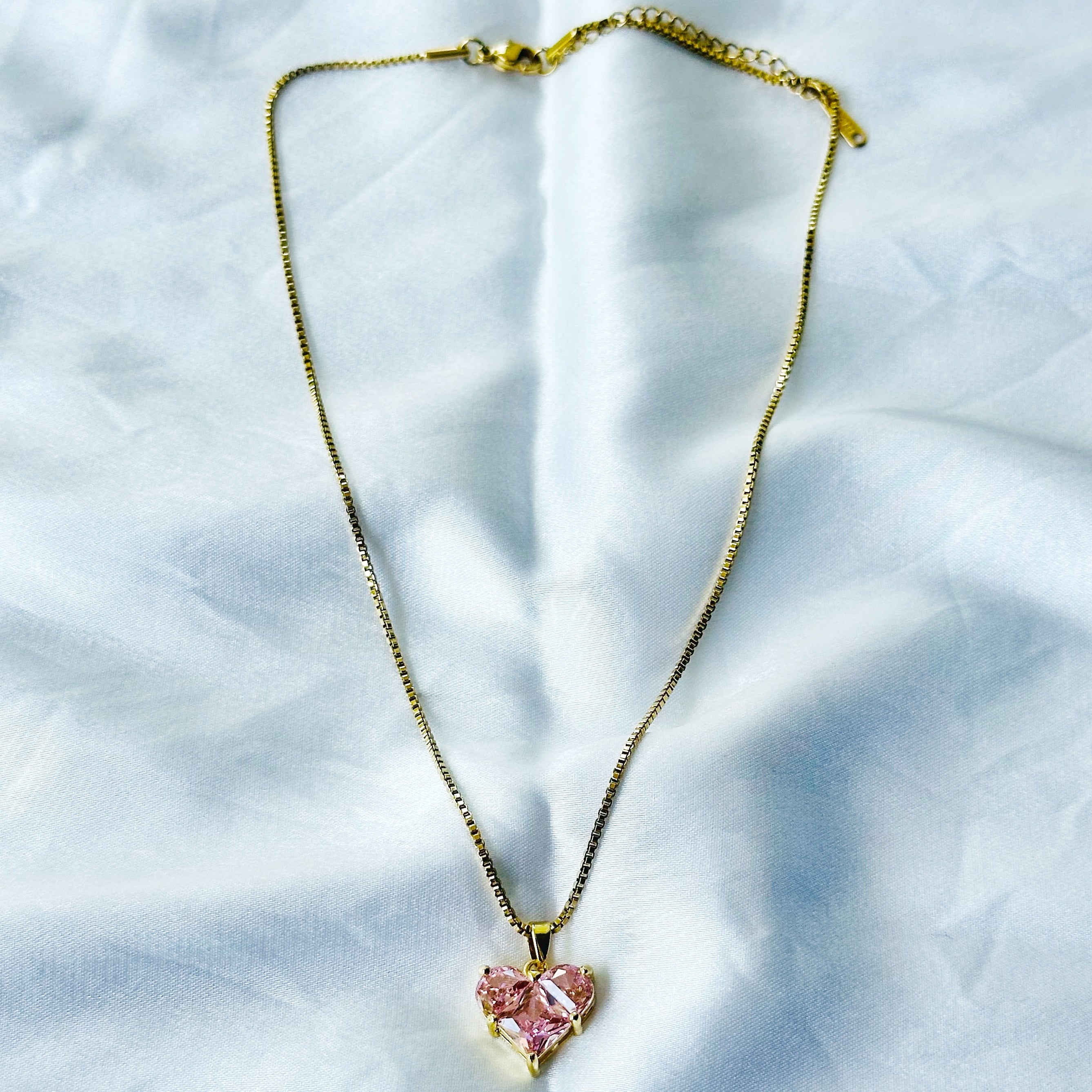 Pink Topaz Crystal Cubic Zircon Heart Design Gold Plated Stainless Steel Necklace