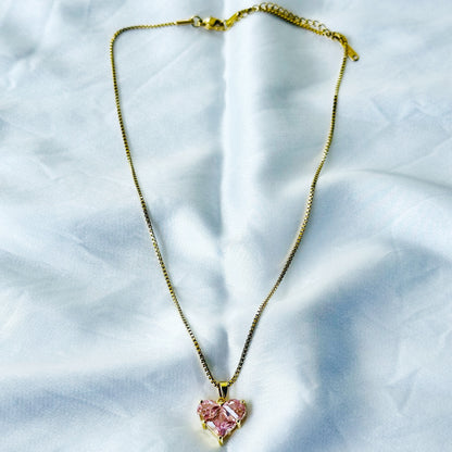Pink Topaz Crystal Cubic Zircon Heart Design Gold Plated Stainless Steel Necklace