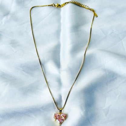 Pink Topaz Crystal Cubic Zircon Heart Design Gold Plated Stainless Steel Necklace