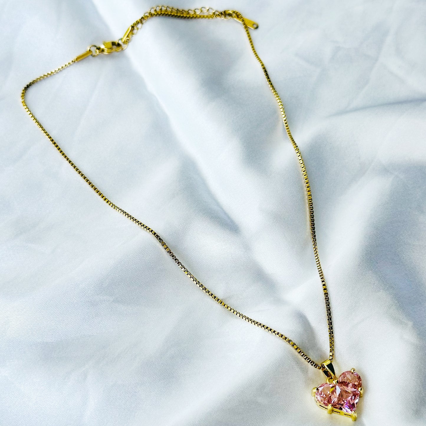 Pink Topaz Crystal Cubic Zircon Heart Design Gold Plated Stainless Steel Necklace