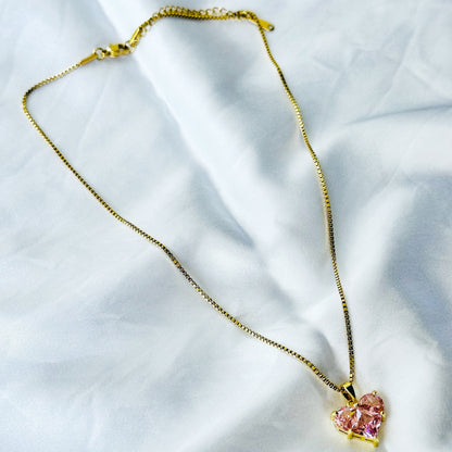 Pink Topaz Crystal Cubic Zircon Heart Design Gold Plated Stainless Steel Necklace