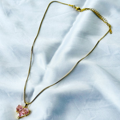 Pink Topaz Crystal Cubic Zircon Heart Design Gold Plated Stainless Steel Necklace
