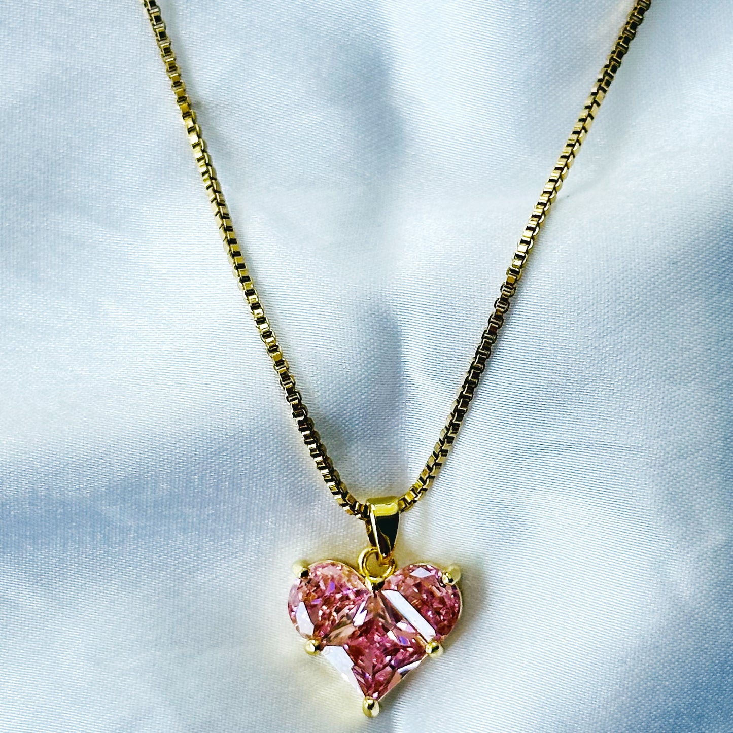 Pink Topaz Crystal Cubic Zircon Heart Design Gold Plated Stainless Steel Necklace