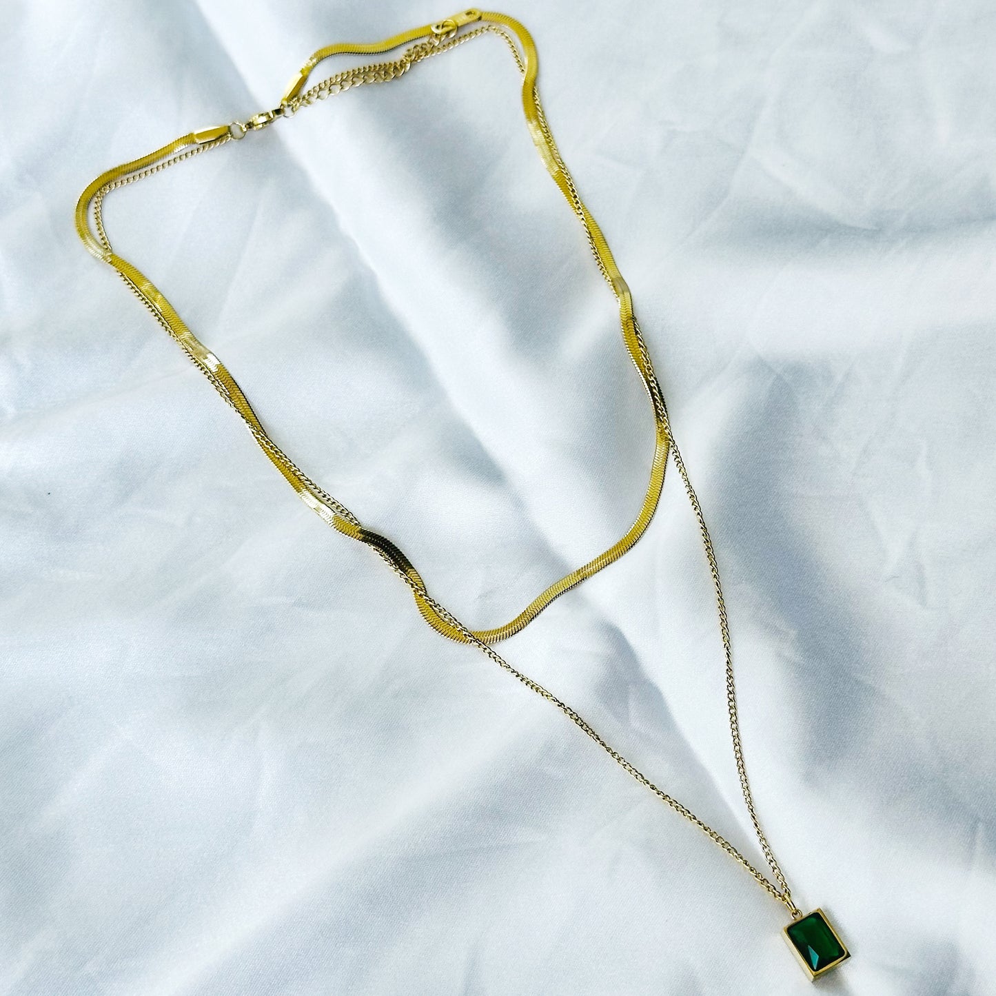 Green Emerald Gold Plated Stainless Steel Necklace