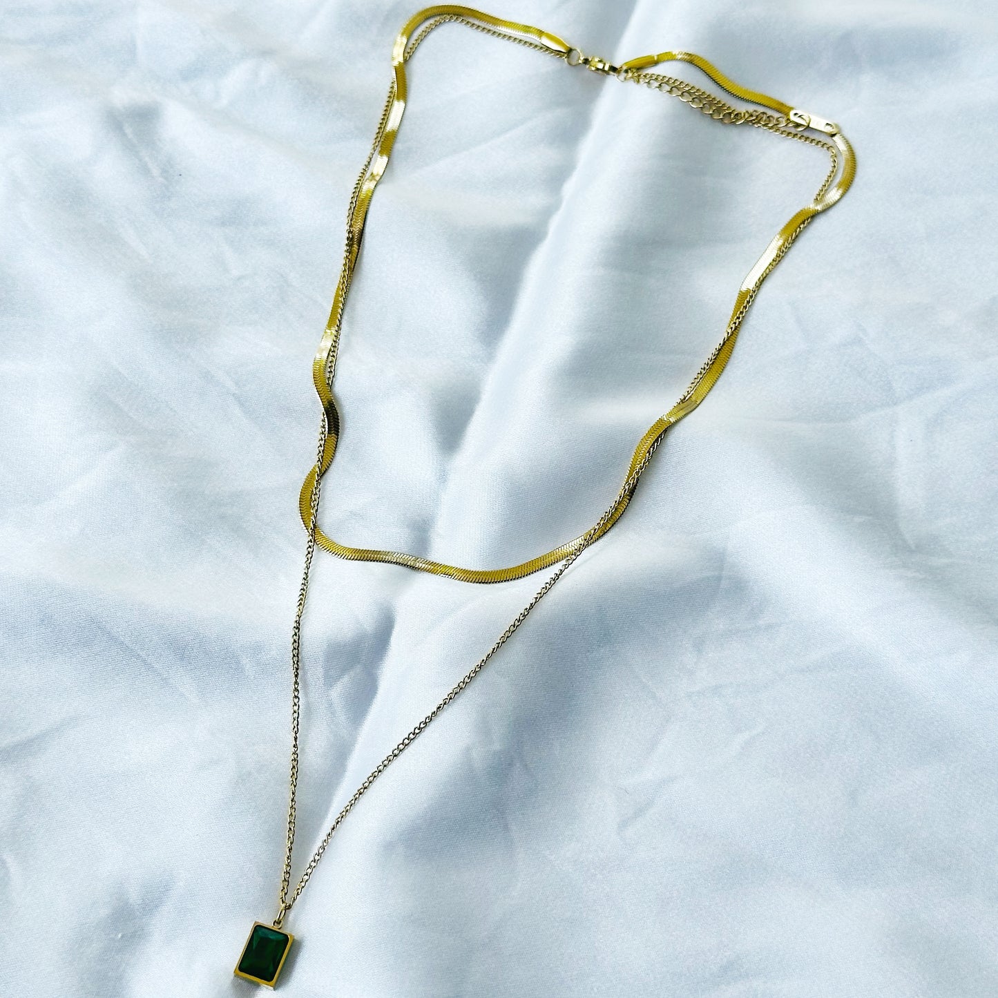 Green Emerald Gold Plated Stainless Steel Necklace