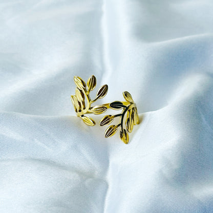 Leaf Design Stainless Steel Gold Plated Adjustable Ring