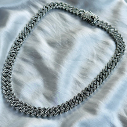 Solitaire Cubic Zirconia Iced-Out American Diamond Silver Plated Cuban Neck Chain [Unisex (19.5 Inches)]